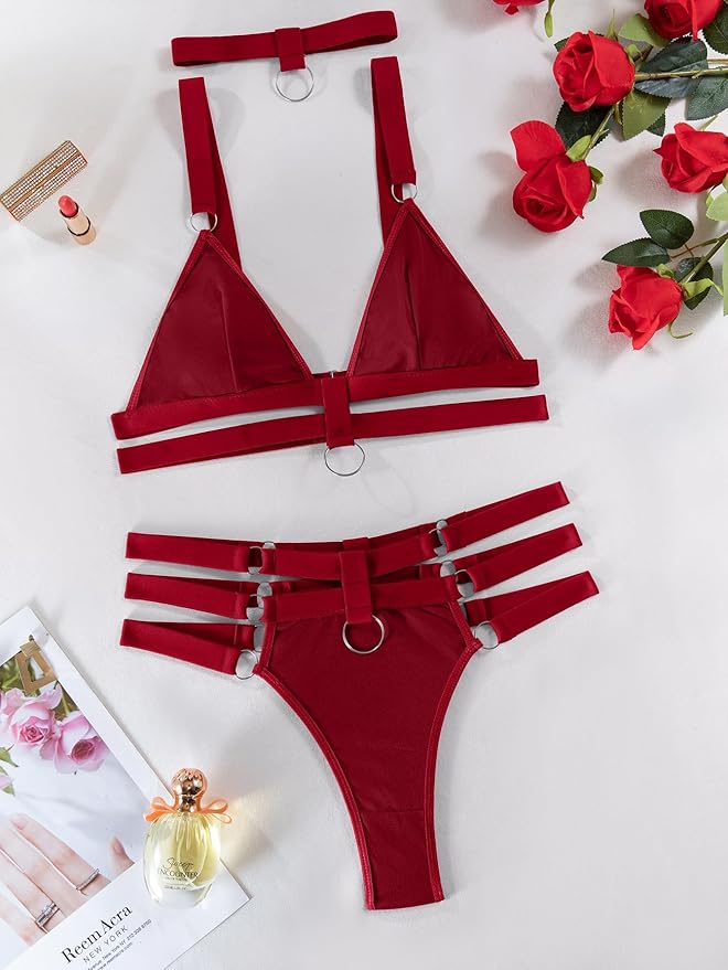 Lilosy Sexy Wireless Choker O Ring Linked Strappy Harness Lingerie Set Outfits 3 Piece