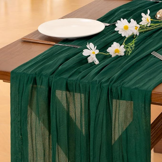 Socomi 6pcs Emerald Green Cheesecloth Table Runner Fall Thanksgiving Boho Rustic Gauze 120 inch 10FT Cheese Cloth Runner for Wedding Party Baby Shower Birthday Home Decor Holiday Decorations