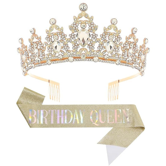 Birthday Tiara Crown with Sash for Women, Headband Hair Accessories for Wedding Party Costume