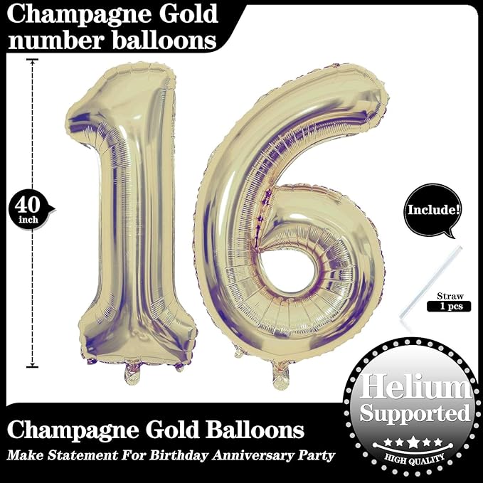 Champagne Gold 16 Number Balloons, 40 Inch Giant Number 16 Balloons Foil Mylar Helium Light Gold Number Balloons for 16th Birthday Party Supplies Anniversary Event Celebration Decorations