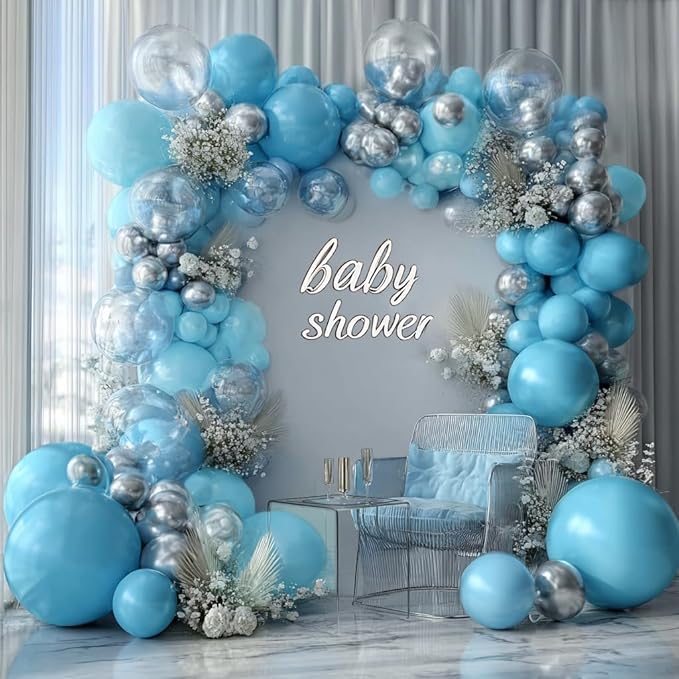 Blue Silver Balloon Arch Double Stuffed Pastel Baby Blue Metallic Balloon Garland Kit Clear Bobo Balloons for Birthday Baby Shower Bridal Shower Birthday Wedding Anniversary Party Decorations
