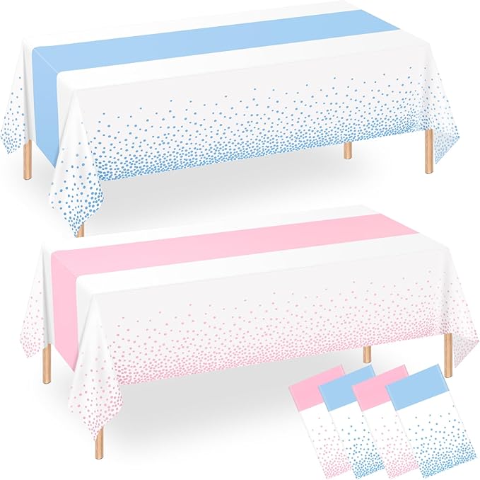 WNINK 4 Pack Pink and Blue Tablecloths, Gender Reveal Disposable Plastic Waterproof Table Cover for Boy or Girl Gender Reveal Party, Baby Shower, Birthday Party Decorations 54" x 108"
