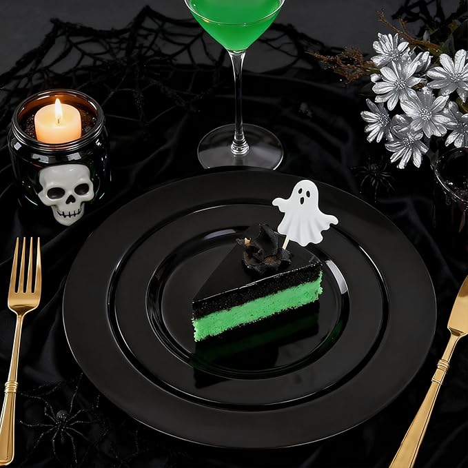 MENDENG 50PCS Black Plastic Plates for Party, 25x10.25 Dinner Plates & 25x7.5 Dessert Plates, Heavy Duty Disposable Plastic Plates for Party Halloween Picnic BBQ