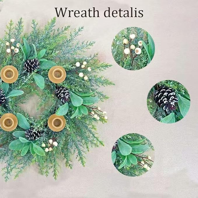 20 Inch Christmas Candlestick Wreath for Front Door,Artificial Snowy Pine Wood Paired with Off White Berries Used for Window, Wall, Porch, and Other Indoor and Outdoor Home Decorations