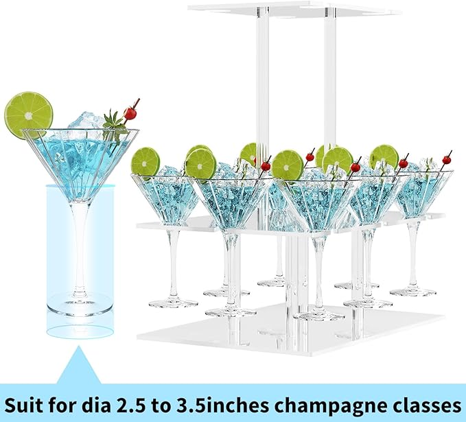 Champagne Tower, Rectangle Acrylic Drink Tower and Cocktail Tree Stand, Wine Rack with 12 Slots, 2 Tiers Floating Sight Champagne Flute Holder for Party, Wedding, School, Celebration, 13.3x9.4x14.9 inch, 2Pcs