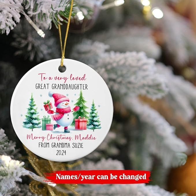 to A Very Loved Great Granddaughter Snowman Ceramic Ornament, Personalized Great Granddaughter Snowman Ornament with Names, Custom Granddaughter Merry Christmas Ornament Gift from Great Grandparents