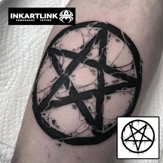 INKARTLINK Temporary Tattoos, 2 Sheets Medium Semi Permanent Tattoo Adult Art Waterproof Temp Tattoo Party Favors Stickers Realistic Look, No Adhesive, Lasts 1-2 Weeks Black (Pentagram)