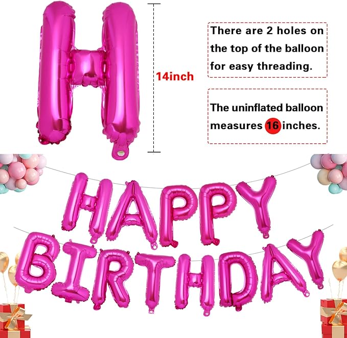 Accevo Rose Red Happy Birthday Banner,16 Inch Mylar Foil Letters Balloons Hot Pink Happy Birthday Balloon for Kids, Child, Adults, Boys & Girls Happy Birthday Sign Birthday Decorations