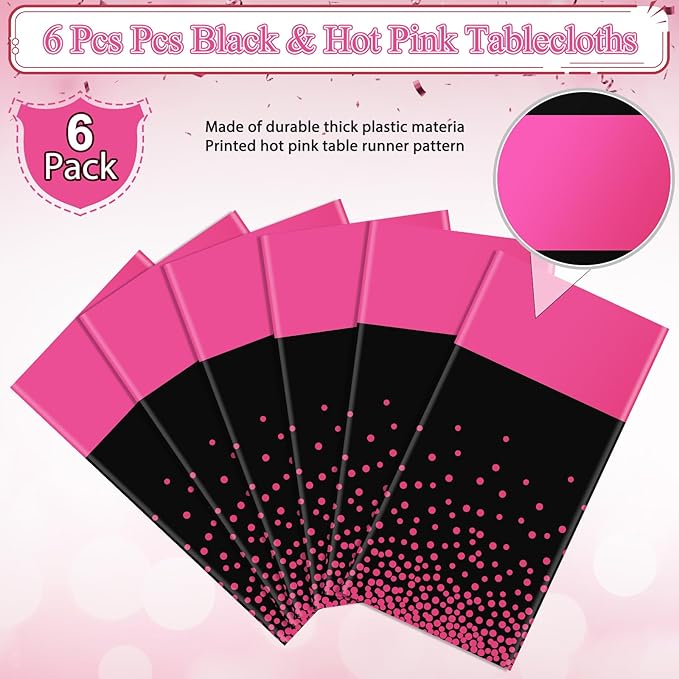 3Pcs Black Hot Pink Tablecloth Party Decorations,Plastic Black Table Cloth Printed Hot Pink Table Runner Disposable Rectangle Cover for Birthday Wedding Anniversary Graduation Party,54x108 Inch