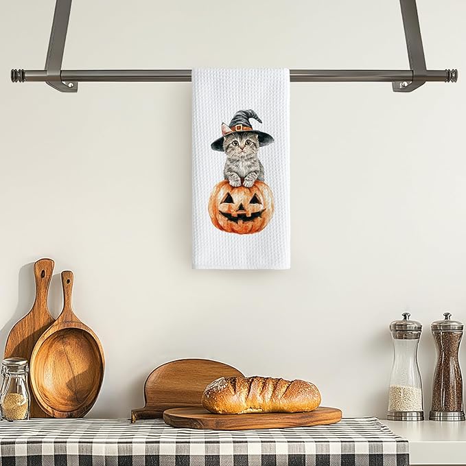 TNUW Halloween Witchy Cat Pumpkin Kitchen Towels 16x24 Inch, Cat Mom Lovers Gifts Dish Tea Towels for Kitchen, Halloween Witch Kitten Spooky Pumpkin Decorative Hand Towel for Bathroom Decor Catpumpkin
