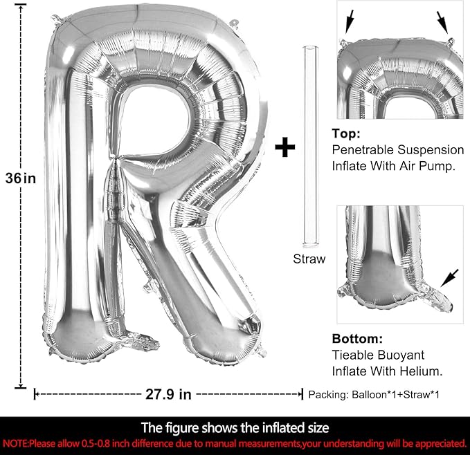 Lovoir 40 Inch Large Silver Letter R Balloons Big Size Jumbo Mylar Foil Helium Balloon for Birthday Party Celebration Decorations Alphabet Silver R