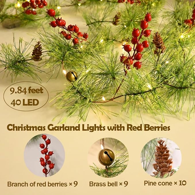 Christmas Garland Lights 9.84 FT Smokey Pine Garland with 40 LED Fairy Lights Battery Operated Red Berries Bells Pine Cones Garland Wreath for Christmas Tree Door Mantle Indoor Outdoor Home Decoration
