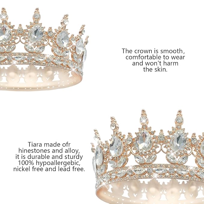 Queen Rhinestone Wedding & Bridal Crowns - Rose Gold & White Tiaras for Women - Costume Party & Princess Birthday Accessories