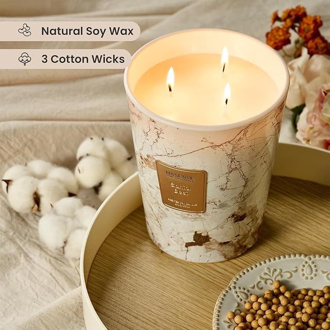 M&SENSE Extra Large Candle 35oz 150H Santal Scented, 3 Wick Highly Scented Jar Candles, XL Large Christmas Gift Candle for Women, Long Lasting Burning for Holiday, Thanksgiving, Christmas