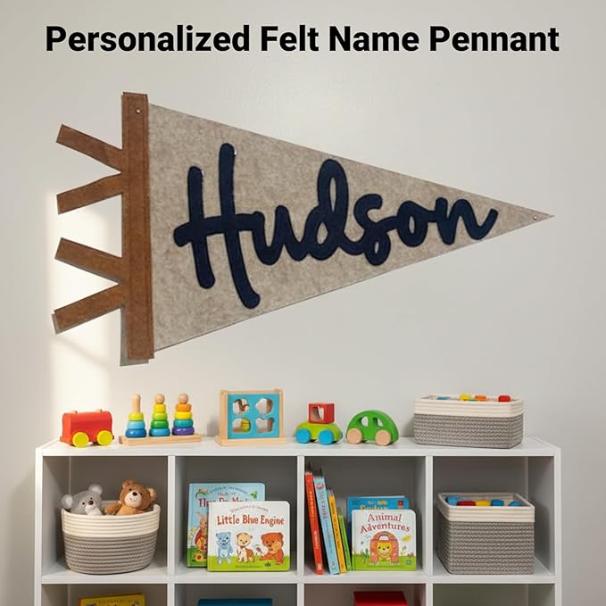 Personalized Name Pennant Flag, Custom Felt Nursery Wall Banner for Kids Room Decor, Handmade Felt Baby Name Banner Hinging Sign for Bedroom Dorm Home, Baby Shower Birthday Gift for Boys & Girls