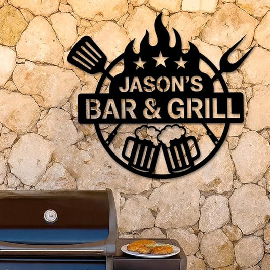 Custom Bar and Grill Metal Sign, Personalized Backyard BBQ Plaque with Beer Mugs and Fire Design, Outdoor Patio Wall Art for Home Bar or Garden, Rustic Grill Decor, Birthday, Christmas, Holiday Gift