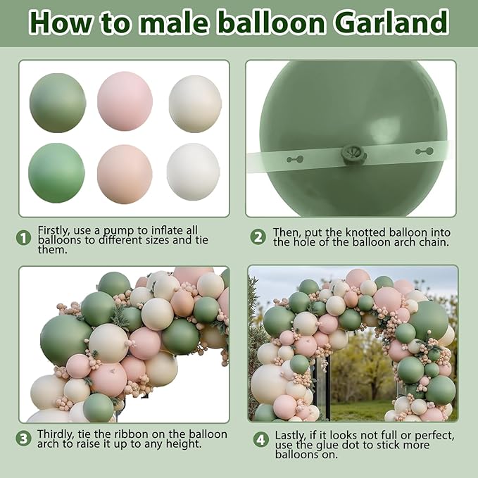 Sage Green Pink Balloon Arch Kit, Double Stuffed Dark Dusty Green Light Pink Sand White Beige Balloons Garland Kit for Birthday Wedding Jungle Safari Spring Fall Boho Party Decoration