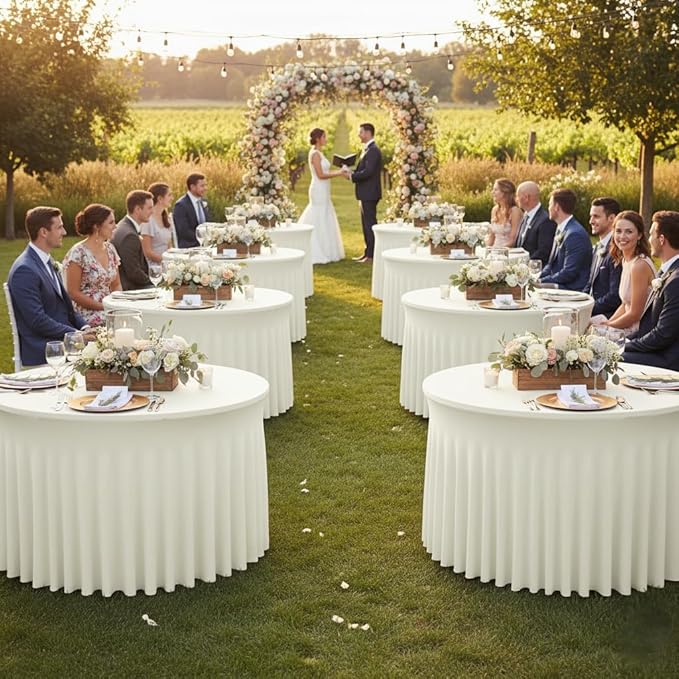 HolidayIdeas 60 Inch Beige Spandex Round Table Skirts,Fitted Stretch Tablecloths for Round 5 ft Table, Wrinkle-Free Ruffle Design Tablecloths for Banquets,Wedding,Trade Shows, Parties, Events, 6 Pcs