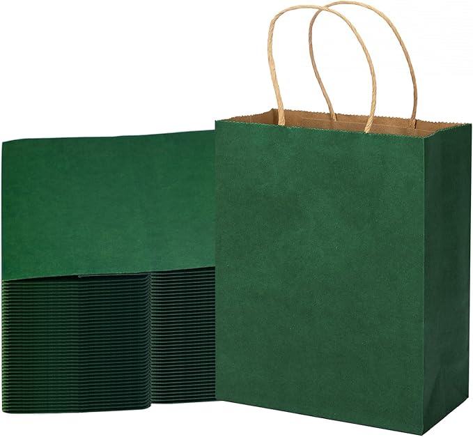 MOZRRO Gift Bags, 100 Pack 10.5x8.5x4.5 Inch, Paper Bags with Handles, Medium Size, Forest Green Gift Bag for Birthday, Wedding, Bulk, Party, Lunch, Goodie