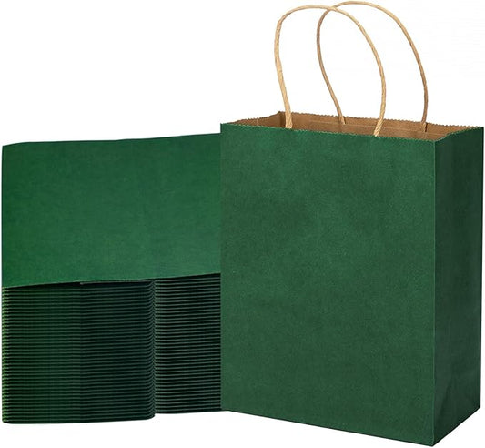 MOZRRO Gift Bags, 100 Pack 10.5x8.5x4.5 Inch, Paper Bags with Handles, Medium Size, Forest Green Gift Bag for Birthday, Wedding, Bulk, Party, Lunch, Goodie