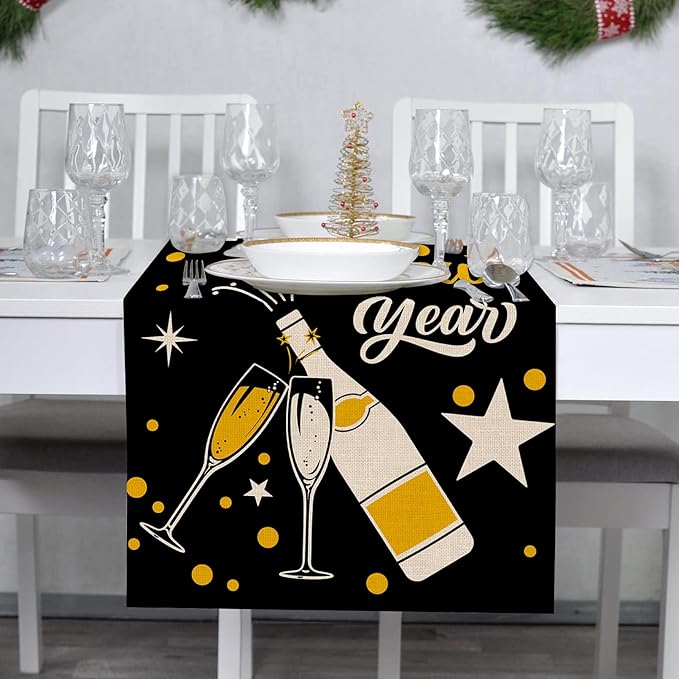 Seliem Happy New Year Eve Cheers Table Runner, Black Gold Tabletop Scarf Home Kitchen Polka Dots Stars Decor, 2026 Winter Holiday Farmhouse Burlap Dining Decorations Party Supply 13 X 36