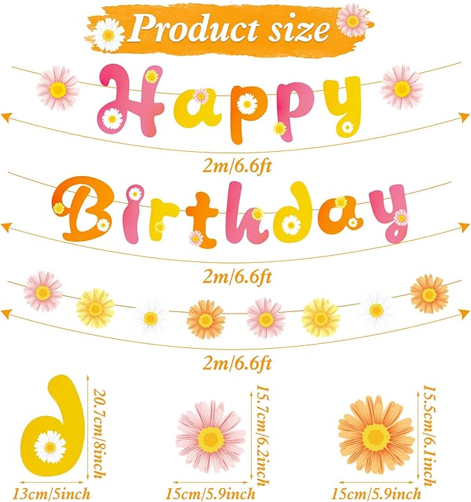 SUNBEAUTY Flower Daisy Happy Birthday Banner Groovy Party Banners Groovy Party Decorations Boho Happy Birthday Banner Daisy Retro Hippie Party Supplies Baby Shower | Pre-Strung