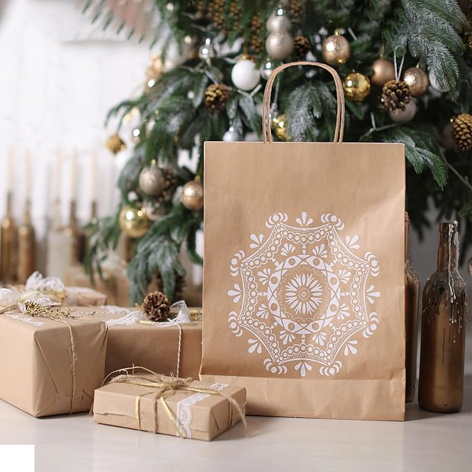 SUNEE 100Pcs Brown Paper Bags with Handles, 8x4.3x10.7 Inchs Gift Bags Bulk Medium Size, Kraft Paper Gift Bags for Party, Favor, Shopping, Grocery,Craft, Takeout Packaging and Bakery