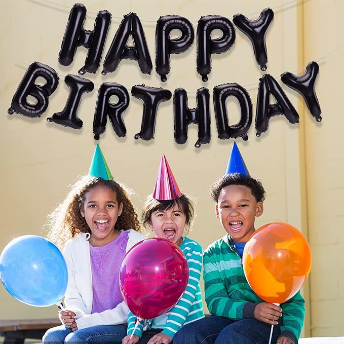 Accevo Black Happy Birthday Balloons Banner for Kids 16 Inch Foil Happy Birthday Sign Banner Letters Balloon 3D Happy Birthday Balloons for Child Adults Boys Girls Birthday Party Decorations Supplies