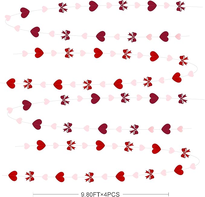 Heart Bow Decorations Burgundy Red Pink Heart Bow Hanging Garland Streamer for Anniversary Birthday Valentines Bachelorette Wedding Baby Shower Bridal Shower Engagement Hen Party Decorations Supplies