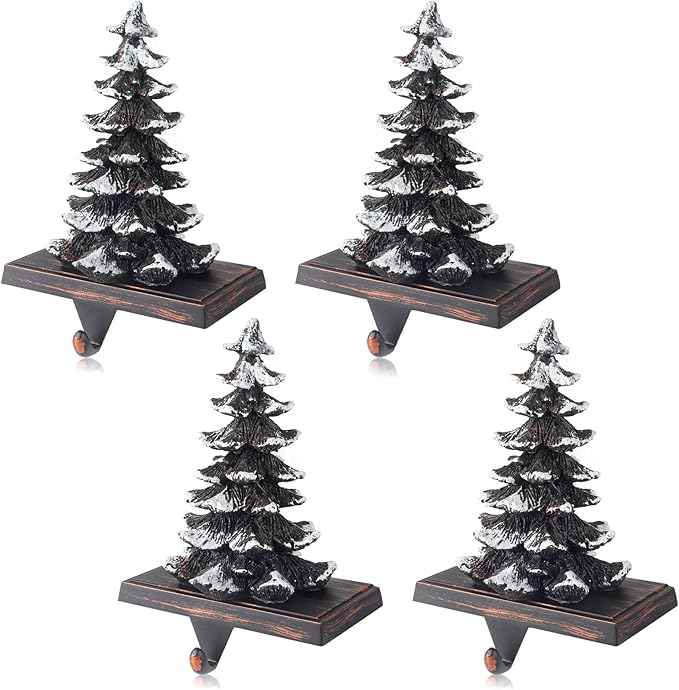 JUSTOTRY Christmas Stocking Holders for Mantle Set of 4 Snow Brown Vintage Xmas Tree with Non-Skid Stockings Holders for Fireplace Home Decor Holiday Gifts Christmas Decorations Indoor Supplies