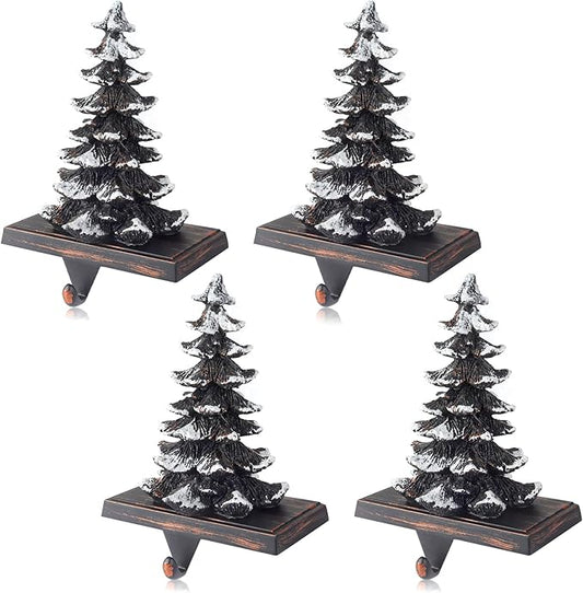 JUSTOTRY Christmas Stocking Holders for Mantle Set of 4 Snow Brown Vintage Xmas Tree with Non-Skid Stockings Holders for Fireplace Home Decor Holiday Gifts Christmas Decorations Indoor Supplies