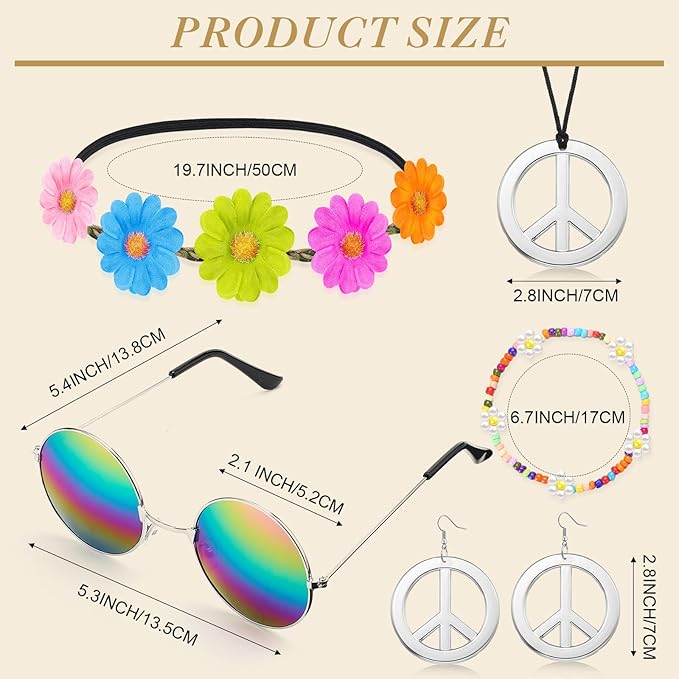 Batiyeer 6 Pcs Hippie Costume Accessories Set, Boho Peace Sign Daisy Flower 60s 70s Party Favors Decor for Groovy Party Women(Sliver)