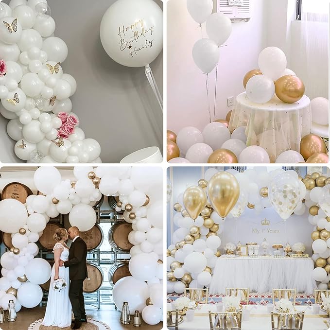100Pcs White Balloons, White Balloon Garland Arch Kit 18/12/10/5 Inch Pastel White Latex Balloon Different Sizes Pack for Birthday Wedding Baby Shower Graduation White Theme Party Decoration