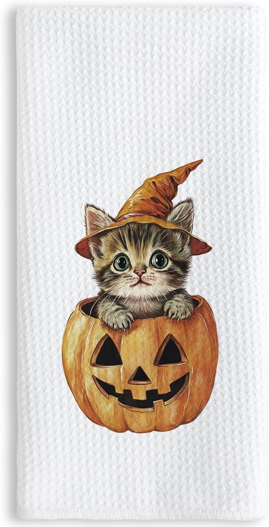 TNUW Halloween Cat Pumpkin Kitchen Towels 16x24 Inch, Cat Mom Lady Lovers Gifts Dish Tea Towels for Kitchen, Halloween Cute Witchy Kitten Spooky Pumpkin Decorative Hand Towel for Bathroom Decor