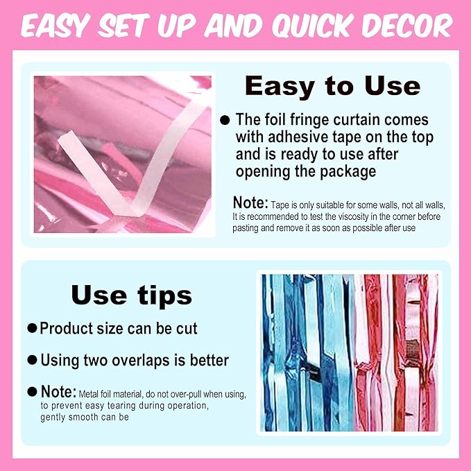 6 Pack Pink Blue Foil Fringe Curtains Backdrop, 3.28 x 8.2 Ft Metallic Streamers Tinsel Curtains Background for Photo Booth, Birthday, Christmas, Halloween, Thanksgiving, New Year Party Decorations