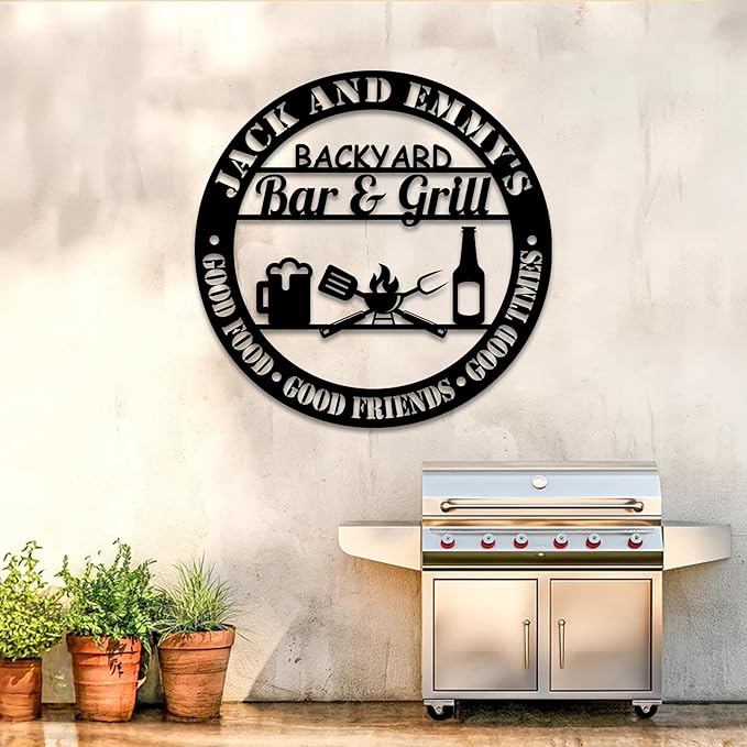 Custom Backyard Bar & Grill Metal Sign, Personalized Outdoor Kitchen Wall Art, Rustic BBQ Plaque with Good Food Good Friends Good Times Quote, Patio Barbecue Decor Gift for Dad Husband Family