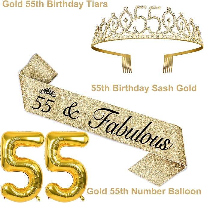 55th Birthday Decorations for Women Gold with 55th Birthday Sash and Tiara, Cake Topper and Candles, Number Balloons, 55 Year Old Gifts for Women