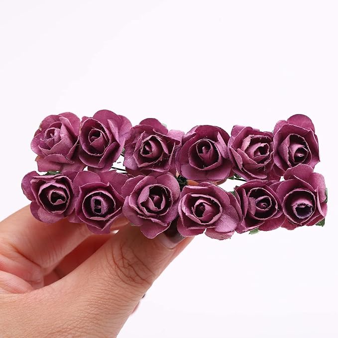 144pcs Mulberry Paper Mini Roses Artificial Flowers Heads with Stems for DIY Crafts Accessories Make Bridal Hair Clips Headbands Dress Wedding Bridal Bouquets Party Home Decor Valentine's (Purple Red)