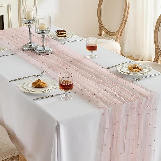 Fanami 6 Pack Pearl Table Runner -10FT Dusty Pink Boho Tulle Table Runners 120 Inches Long Rustic Sheer Lace Fabric Centerpieces for Wedding Arch Birthday Party Bridal Veil Baby Shower Decorations