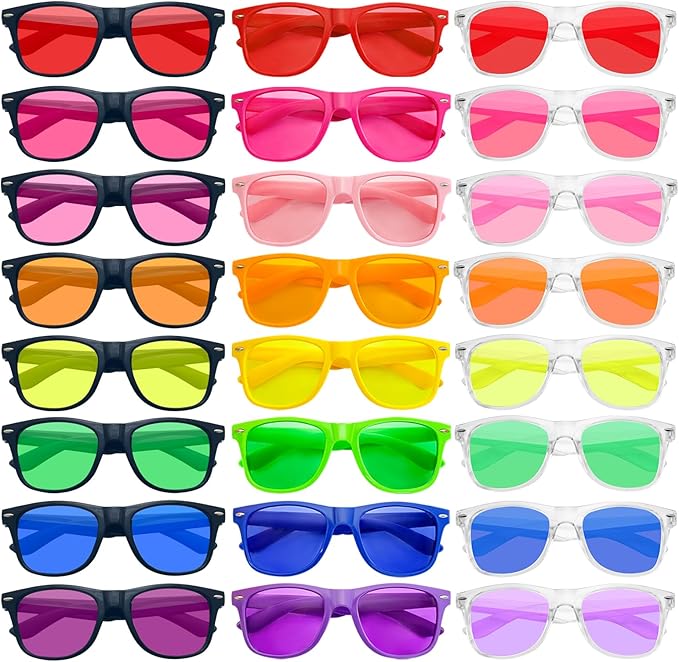 SUNOVELTIES 12/24 Pack Neon Party Sunglasses Mirrored/Jelly Lens Bulk Glasses Horn Rimmed Eyewear for Men Women