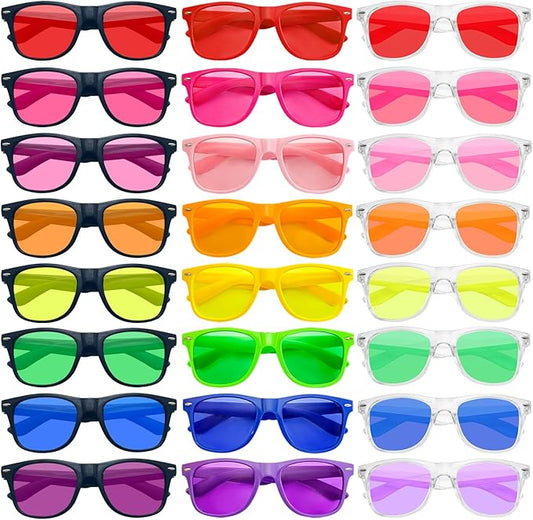 SUNOVELTIES 12/24 Pack Neon Party Sunglasses Mirrored/Jelly Lens Bulk Glasses Horn Rimmed Eyewear for Men Women