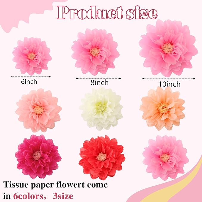 Geyee 18 Pcs Mexican Paper Flowers Colorful Fiesta Tissue Paper Flowers Pom Poms Mexican Carnival for Floral Party Backdrop Wedding Birthday Party Craft, 6" 8" 10"(Pink Series)