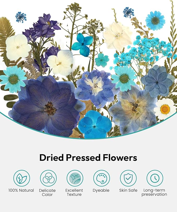 Dried Flowers, Resiners 100Pcs Pressed Flowers for Craft Blue Real Natural Dried Flowers Dry Leaves Kit for DIY Making Crafts Resin Soap Candle Scrapbook Supplies Card Making Jewelry