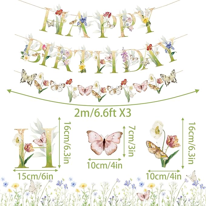Sunbeauty Wildflower Butterfly Happy Birthday Banner Garden Party Decoration Floral Birthday Decorations for Women Girl Spring Summer Birthday Baby Shower Supplies | Pre-Strung