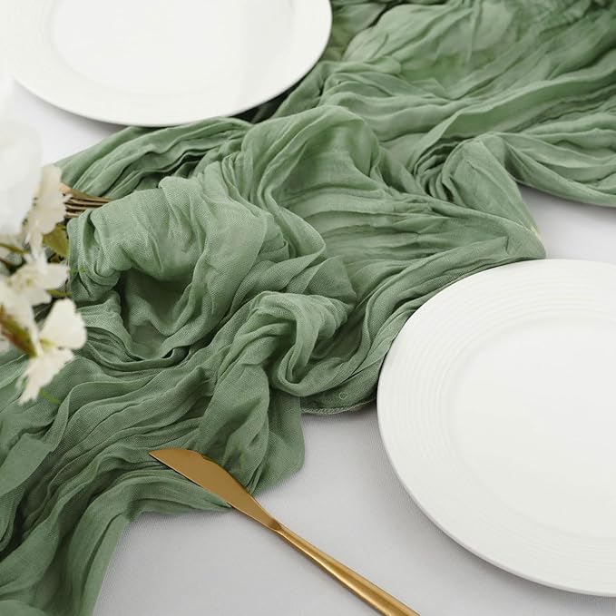12 Pack Cheesecloth Table Runner 10Ft Boho Gauze Table Runner Cheese Cloth Long Rustic Sheer Table Runner for Wedding Bridal Baby Shower Birthday Party Cake Table Arbor Decorations (Sage Green)