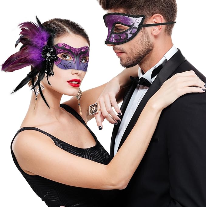 2025 New Masquerade Mask with Feather for Couples - Women's Masquerade Mask with Feather & Men Venetian Costume Mask