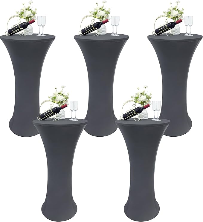5PCS 24x43 Inch Round Fitted Cocktail Table Cover Grey Spandex Cocktail Table Cloth Highboy Fitted Tablecloth High Top Table Cloths for Party Pub Banquet Bistro