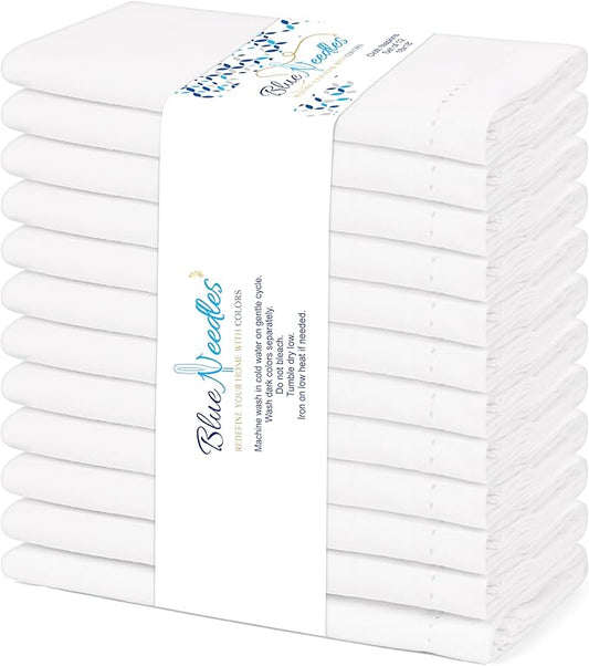 Blue Needles Set of 12 Hemstitch Linen Napkins 100% Cotton White Cloth Dinner Napkins 18x18 inches, Soft, Reusable, Absorbent, Washable, Ideal for Fall Thanksgiving Events, Parties & Everyday Use