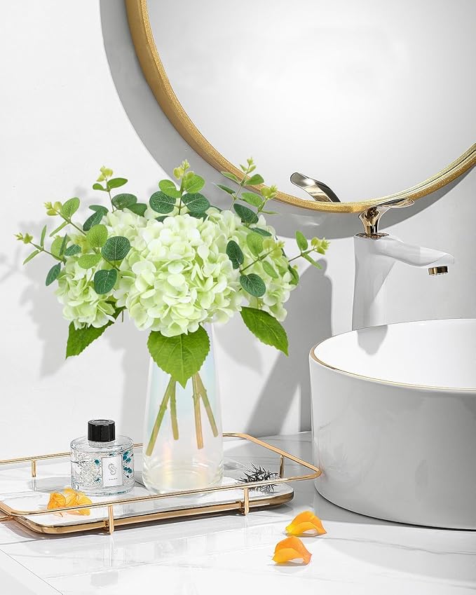 Tifuly 4pcs Fake Hydrangea with Vase - 3D Real Touch Faux Hydrangea Flowers with 3pcs Eucalyptus Stems for Wedding Centerpiece Home Party Table Decoration（Green）