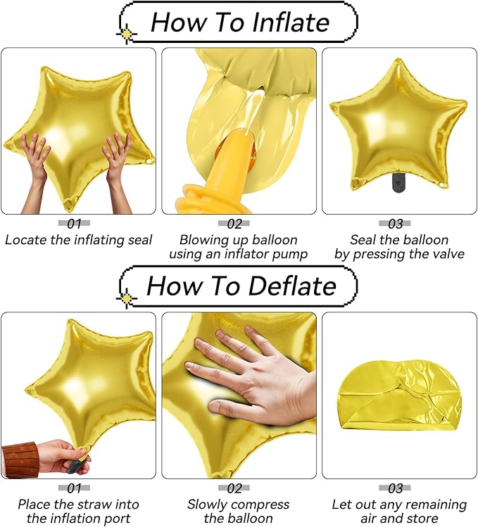 16 Pcs Gold Star Balloons, 22/18/10 Inch Foil Balloons, Four-Pointed Balloon for Kids Birthday Graduation Celebration Wedding Baby Shower 16 Pcs Decorations
